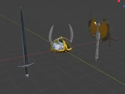 Viking package sword helmet axe Low-poly 3D model
