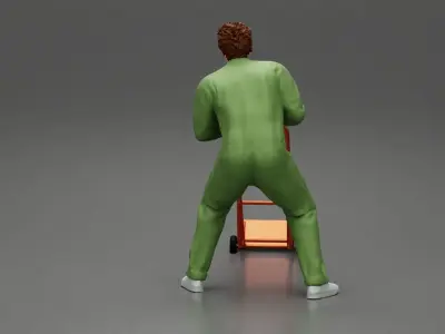 mechanical worker pushing a hand track trolley jack 3D print model