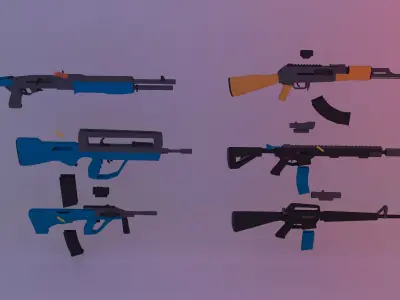 Low poly pack guns Animated - AK-47 - M16 - AR15 -UZI- 3D model  Low-poly 3D model
