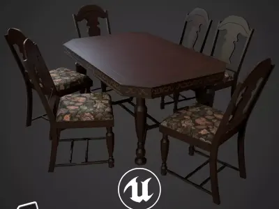 Antique Table and Chairs Low-poly 3D model