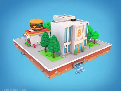 Cartoon City Block Burger Cafe Bank Low-poly 3D model