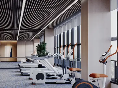 gymnasium gym with exercise machines and plants 3D model