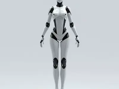 humanoid female robot white color sleek plastic cat like face Low-poly 3D model