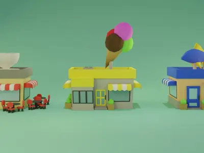 LowPoly Buildings town with and coffee shop Low-poly 3D model