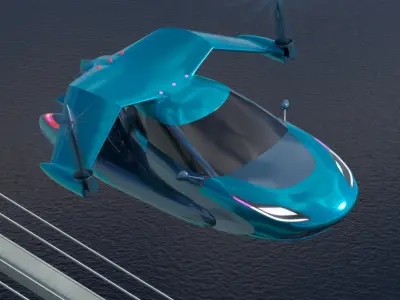 Concept Hover Car in Turquoise Color in Flying 3D model