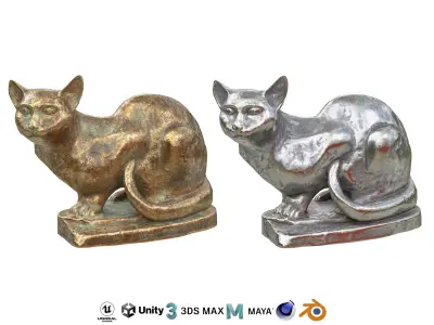 Sitting cat metal statues Low-poly 3D model