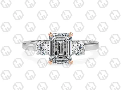 Ring 113 Emerald Shape Cathedral shank 3 stone ring with round 3D print model