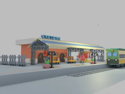 Low Poly Train Station  Low-poly 3D model