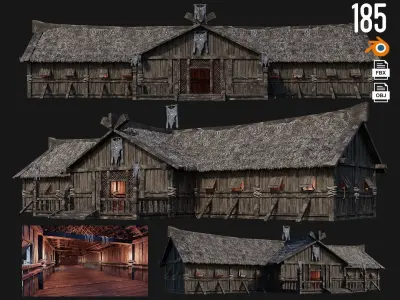 4 Old Viking Houses Pack 4K Textures GameReady 185 to 188 Low-poly 3D model