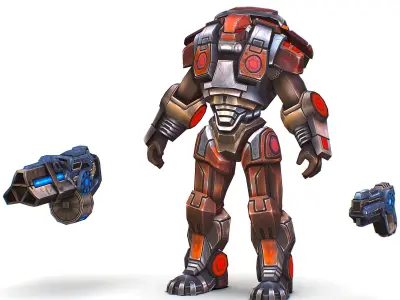 Cartoon Sci-Fi Cyborg Drone Heavy Machine Gunner Low-poly 3D model 3