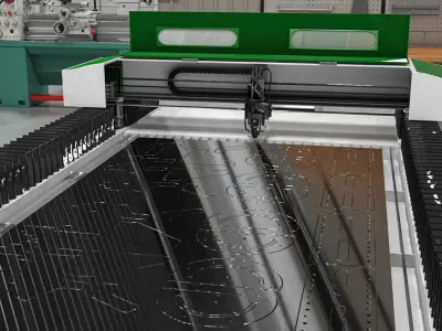 Green Large Format CNC Laser Cutter with Aluminum Sheet Rigged 