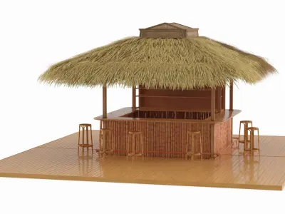 Tropical Service Tiki Bar with Thatch Roof and Wooden Stools Natural 3D model