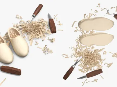 Handcrafted Wooden Clogs with Carving Tools Beige 3D model
