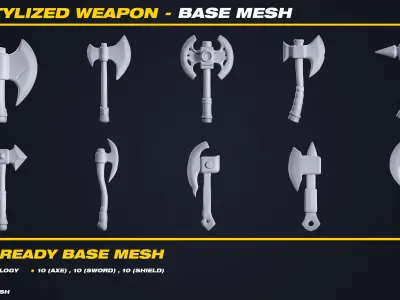 30 Stylized Weapon Base Mesh - VOL 10 - Game Ready  Low-poly 3D model