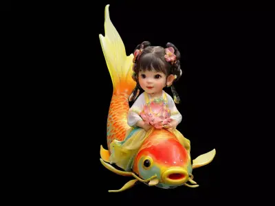 Chinese Girl with Fish Doll  Low-poly 3D model
