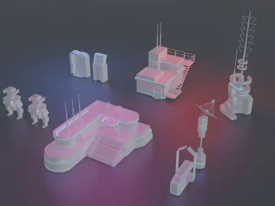 Futuristic Sci-fi skyscraper pack low poly 3d model Low-poly 3D model