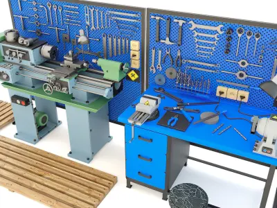 Industrial workbench garage tools and lathe machine 3D model