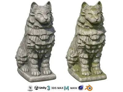 Furred cat stone statues Low-poly 3D model