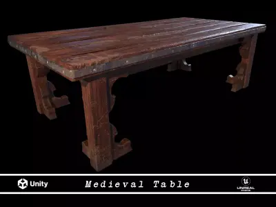 Old medieval Wear and Used Wooden Long Table  Low-poly 3D model