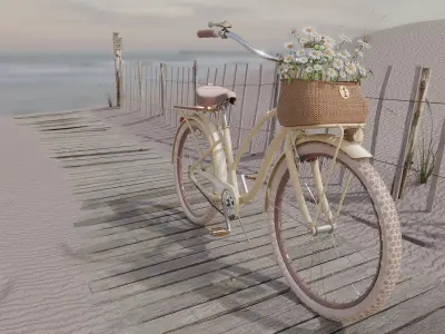 Beach cruiser bicycle with daisy basket and beach scene 3D model