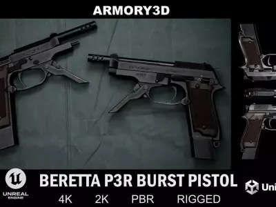 GAME READY BERETTA 93R BURST PISTOL PBR RIGGED Low-poly 3D model