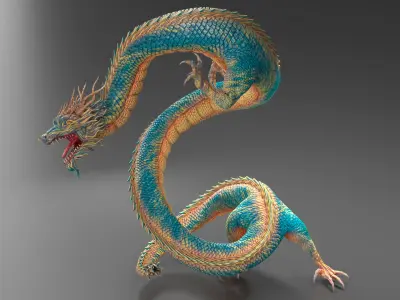 Asian Mythical Serpent Dragon Blue Rigged for Cinema 4D 3D model