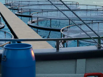 Floating Circular Fish Farm on Water with Walkway 3D model