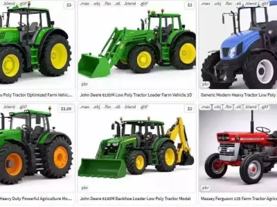 19 Tractor Collection Loader Backhoe Trailer Farm Set 3D Model Pack