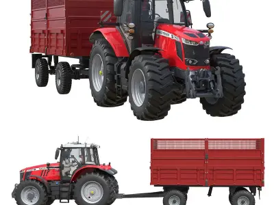 Massey Ferguson 7700S Tractor With Tipping Trailer Low-poly 3D model