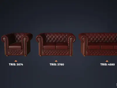 Leather Couch Chesterfield Set - Sofa Armchair - Game Ready Low-poly 3D model