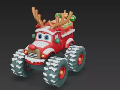 Reindeer Monster Truck 3D Model Festive Winter Vehicle Low-poly 3D model