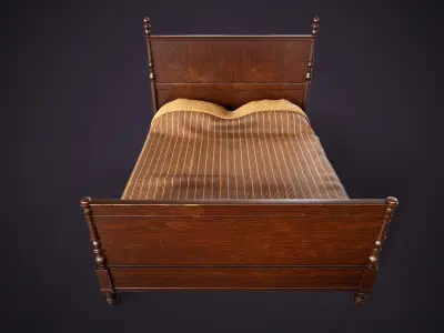 Vintage Wooden Bed Low-poly 3D model