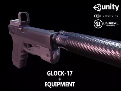 Low-poly game-ready 3d model Glock-17 and equipment Low-poly 3D model