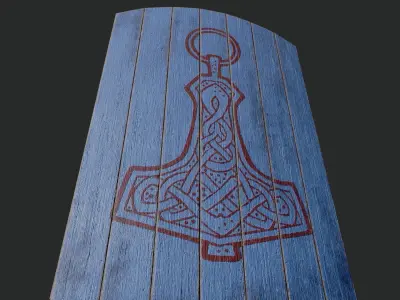 Slavic square wooden shield-painted blue with  Thor symbol Low-poly 3D model