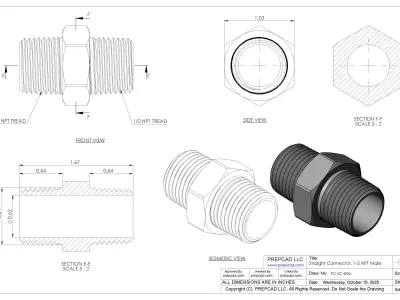 Straight Connector 1-2 NPT Male  Low-poly 3D model