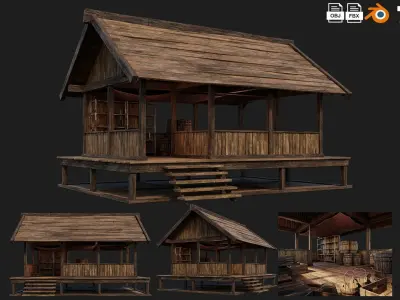 4 Old Wooden Shed Building Pack 4K Textures GameReady 77 to 80 Low-poly 3D model