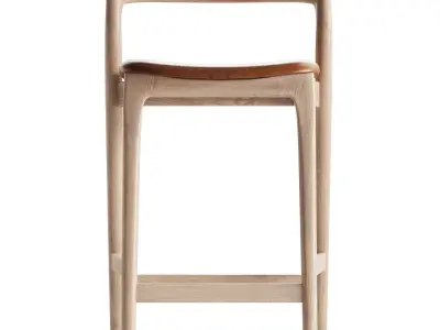 Scooped Ash Wood Leather Stool 3D model