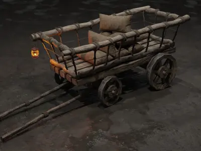Stylized medieval cart with a lamp and bags Low-poly 3D model