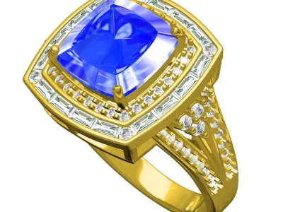 Antique Blue Sapphire Cushion Stone Double Halo Engagement Ring 3D print model