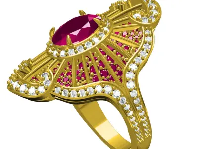Red Ruby Round and Oval Cut Diamond Antique Cocktail Ring 3D print model