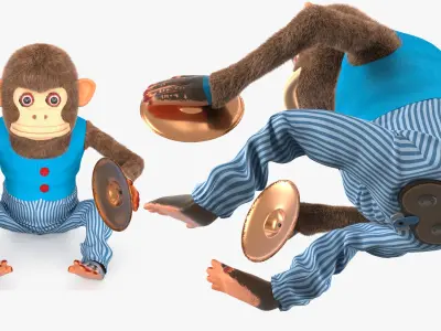  Mechanical Cymbal Monkey Toy in Blue Vest Fur Rigged 