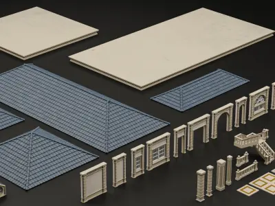 CLASSIC EUROPEAN KITBASH 03 MODULAR BUILDING WITH INTERIOR Low-poly 3D model