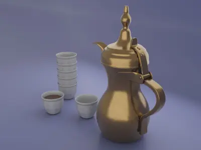 Dallah  golden Arabic coffee pot and Finjan cups 3D model