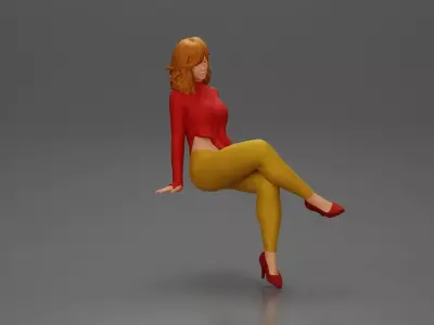 Stylish woman sitting confidently in red top yellow pants heels 3D print model