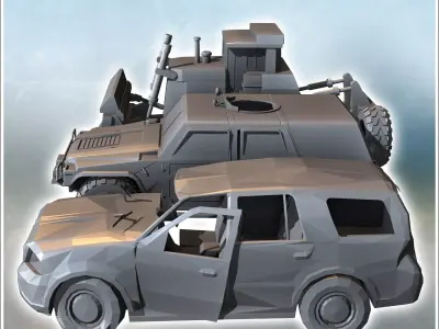 Set of three post-apocalyptic vehicles with vehicle carcasses bu 3D print model
