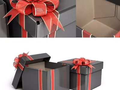 Black cardboard gift box with red bow 3D model