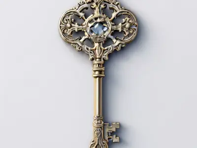 Ornate Antique Key with Gem Low-poly 3D model