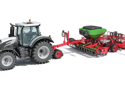 Tractor with Trailed Seed Drill 3D model