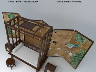 ZEN SET room divider with birds and flowers 3D model