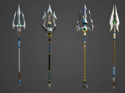4 Fantasy Trident Collection All PBR Unity UE Textures 3D Model Pack
